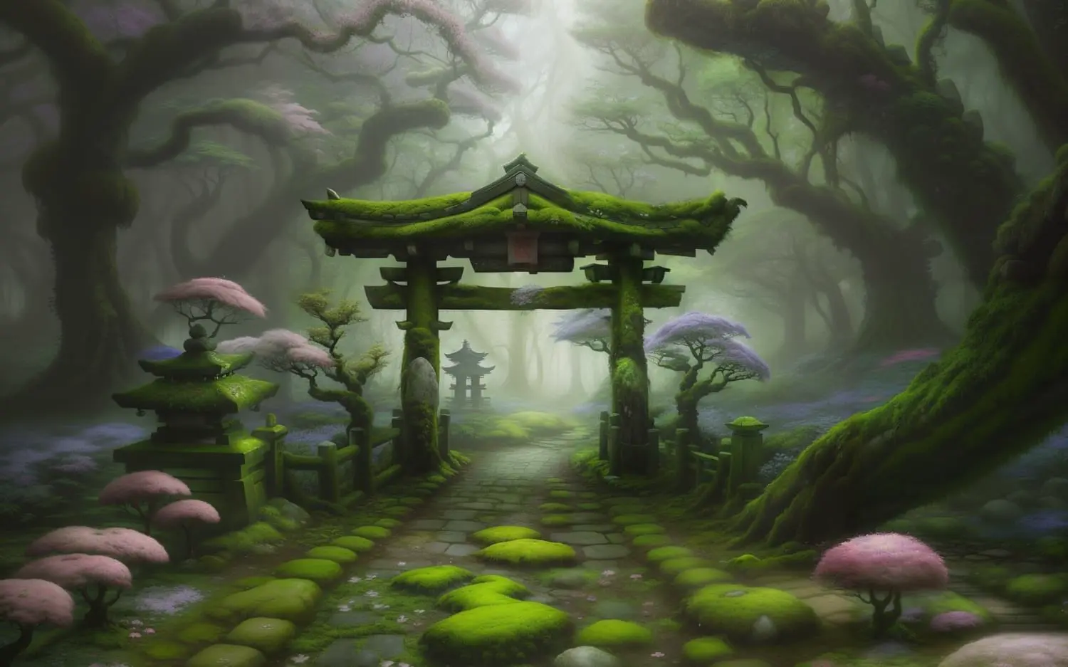 Shinto gate in a mossy forest