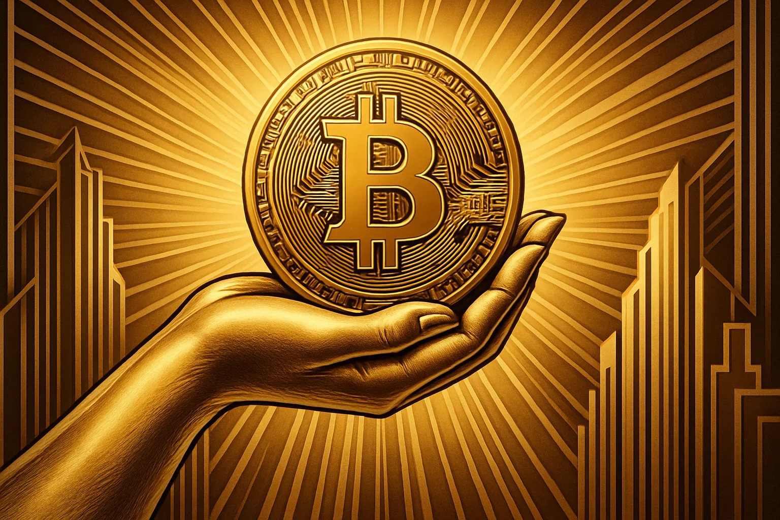 A hand holds up a glowing Bitcoin coin with radiant light beams, surrounded by golden skyscrapers.