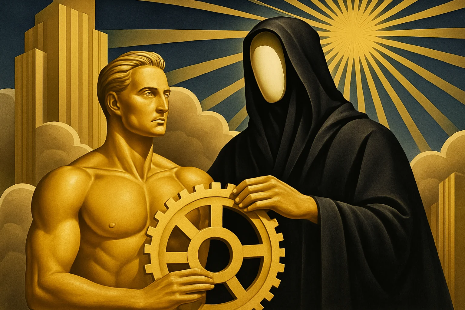 A faceless hooded figure tries to take the wheel of a golden muscular man and in front of city buildings and a radiant sun.