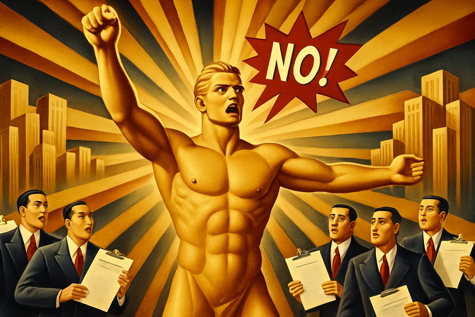 A powerful golden figure stands with one arm raised and shouts 'NO!' while suited men holding clipboards surround him against a cityscape background.