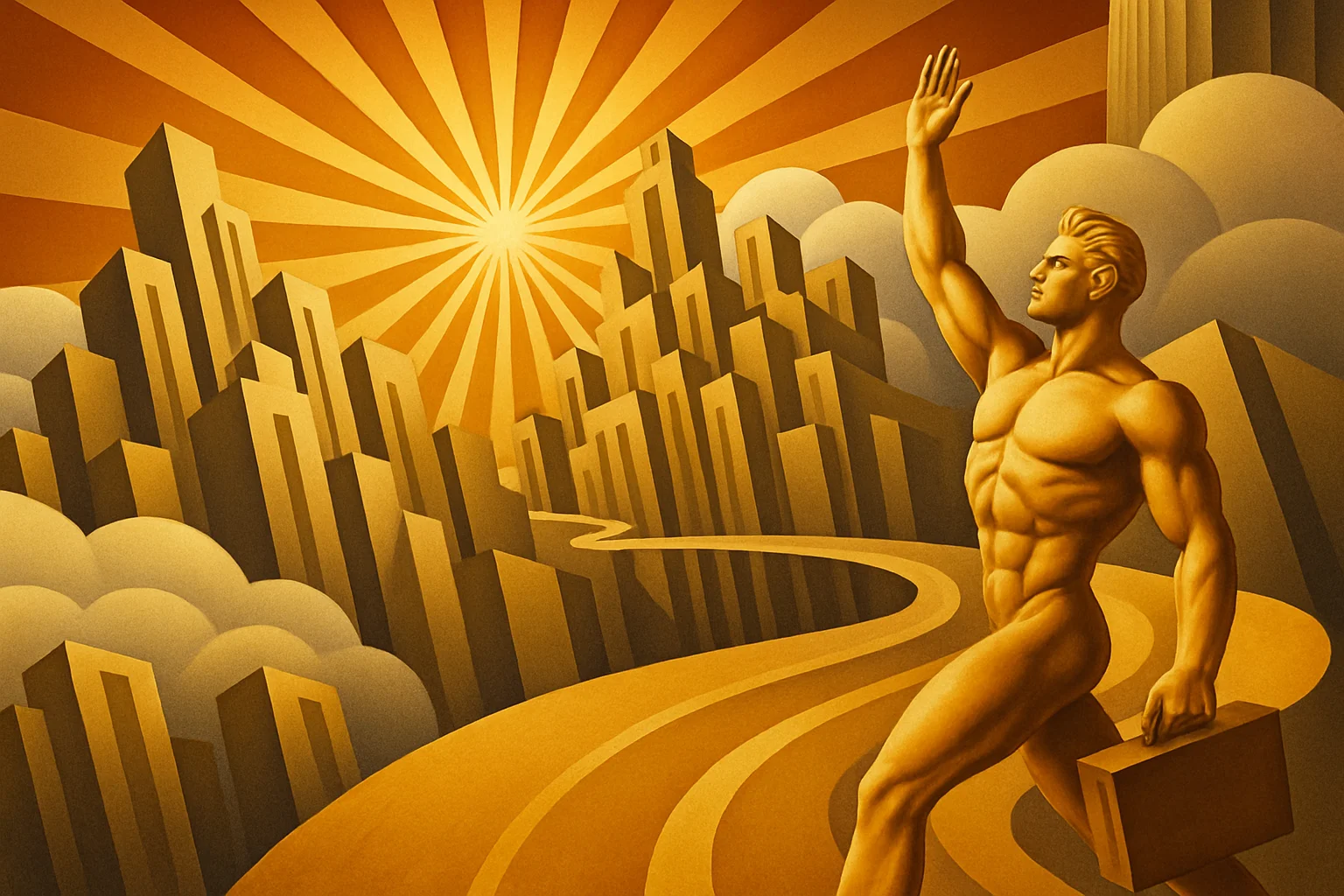 A golden figure with a briefcase waves goodbye while walking along a winding road away from a city, with sun rays shining through clouds in the background.