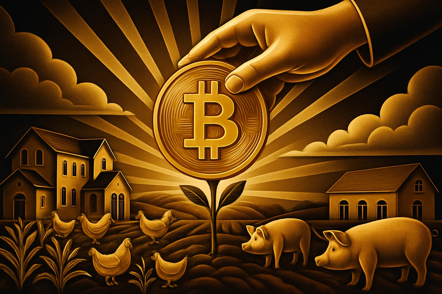 A large hand places a golden Bitcoin coin on a plant sprout between two farmhouses with chickens and crops, under a bright, radiant sky.