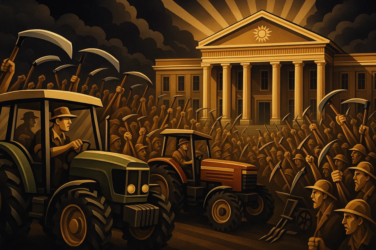 A large crowd of farmers holding scythes and pitchforks, with tractors in the foreground, gathers in front of a grand government building under dramatic clouds and sun rays.