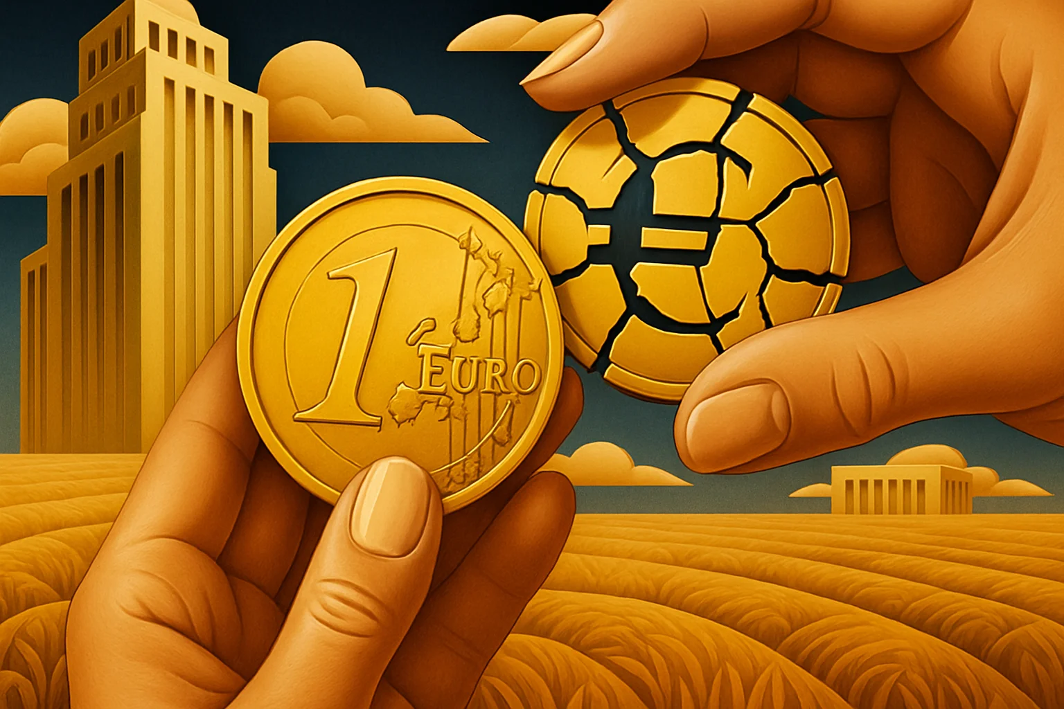 Two hands hold golden coins above a wheat field and city buildings, one coin is whole and the other is cracked.