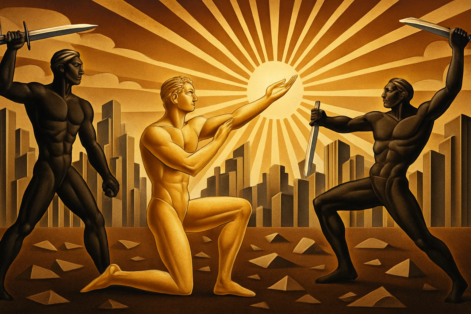A golden figure kneels in the center of a cityscape, illuminated by the sun, while two shadowy figures on either side threaten with raised knifes.
