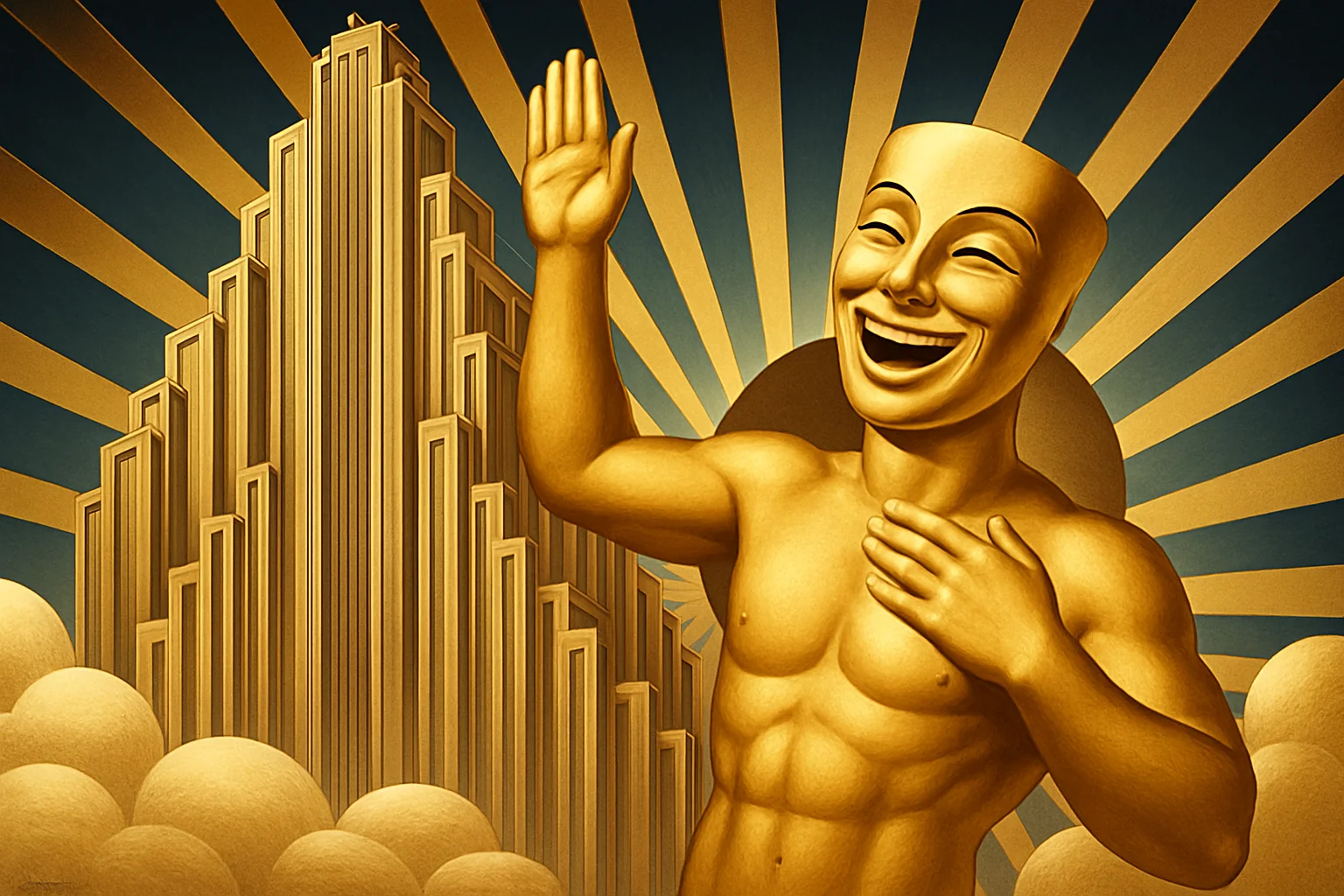 A golden, muscular figure with a wide smiling mask waves in front of a tall, stylized building, with sun rays and clouds in the background.