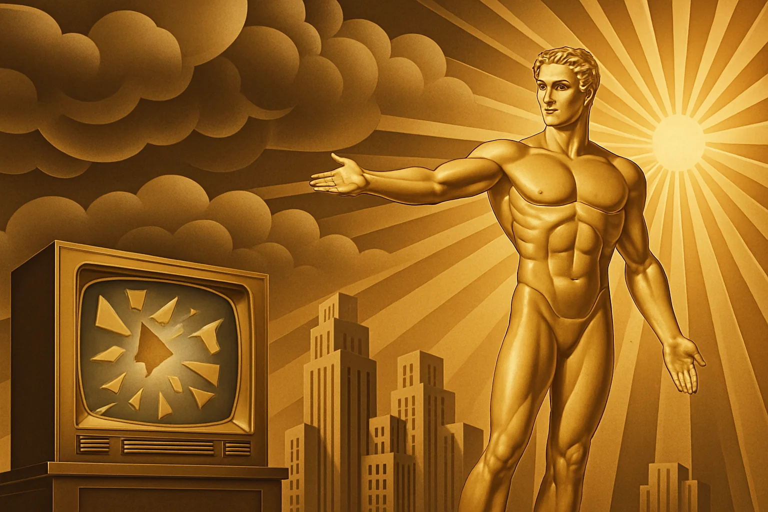 A golden muscular figure stands with an outstretched arm in front of a shining sun, while a television with a shattered screen sits among city buildings and dark clouds.