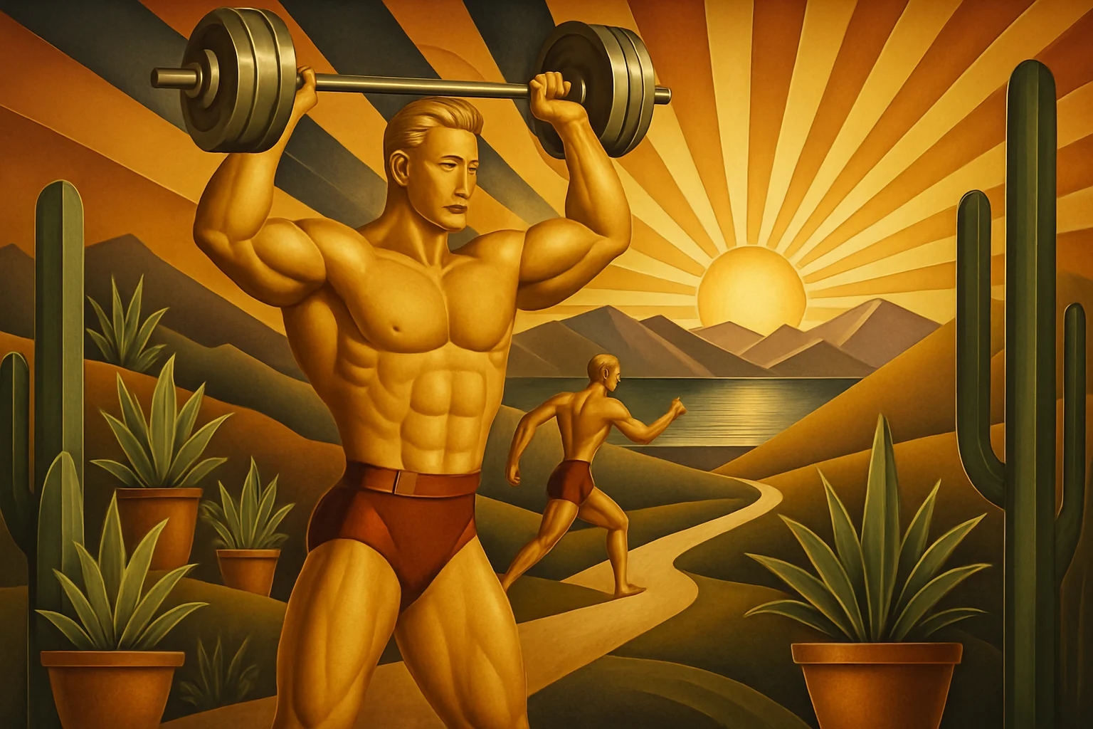 A large golden figure in red trunks lifts a barbell overhead in a desert landscape, while a smaller figure runs on a path toward a lake and mountains at sunrise.
