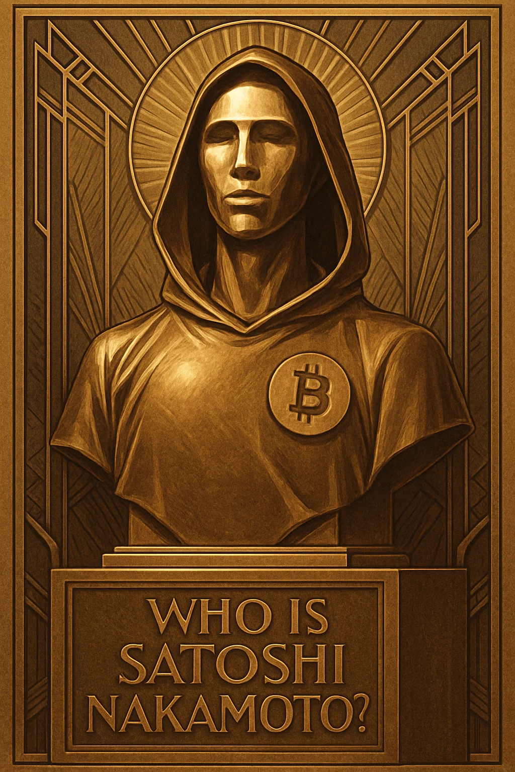 A bronze statue of a hooded, faceless figure with a Bitcoin symbol on their chest, above a plaque that reads 'Who is Satoshi Nakamoto?'