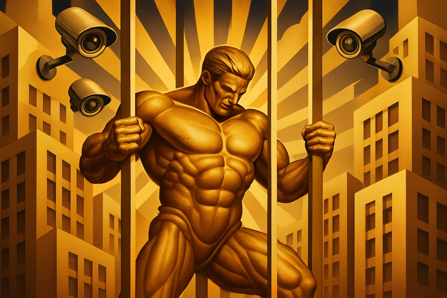 A golden human figure stands behind bars in a city, with surveillance cameras in the clouds watching from above as sun rays shine outward.