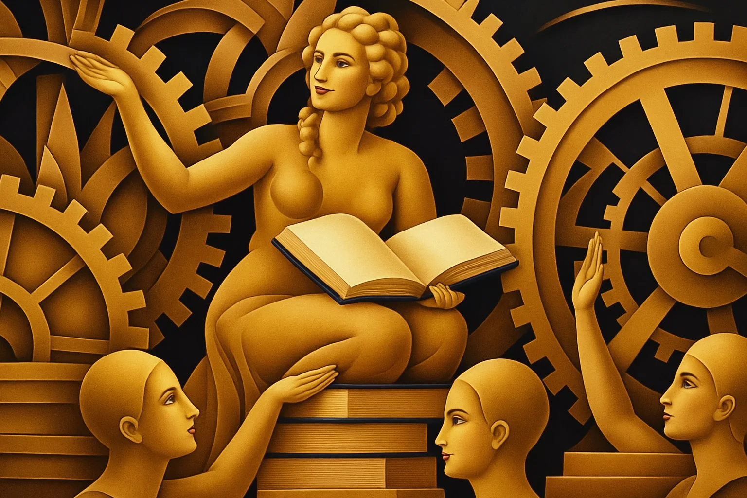 A golden woman sits among large gears holding an open book, surrounded by people and stacks of books.