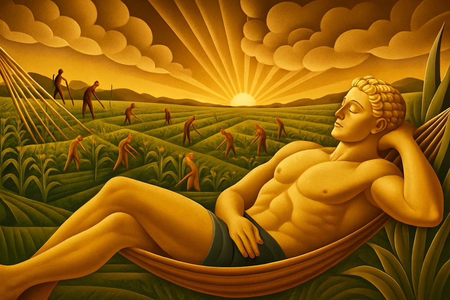 A golden figure relaxes in a hammock under dramatic clouds and sun rays, with distant buildings and small figures scattered across a green landscape.